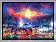 Grafika, Digital art, Samolot, Pas startowy, Słońce