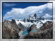 Argentyna, Patagonia, Ośnieżone, Góry, Szczyt Fitz Roy, Jeziora, Niebo