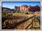 Czerwone, Skały, Stodoła Gifford, Droga, Ogrodzenie, Pola, Drzewa, Park Narodowy Capitol Reef, Utah, Stany Zjednoczone