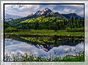 Góry, San Juan Mountains, Jezioro, Drzewa, Chmury, Odbicie, Stan Kolorado, Stany Zjednoczone