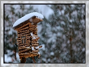 Zima, Śnieg, Drewniany, Domek dla ptaków