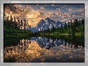Jezioro, Picture Lake, Drzewa, Góry, Mount Shuksan, Zachód słońca, Odbicie, Park Narodowy Północnych Gór Kaskadowych, Stan Waszyngton, Stany Zjednoczone