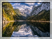 Austria, Salzkammergut, Góry, Alpy, Jezioro Gosausee, Lasy, Odbicie