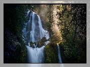 Skały, Wodospad, Falls Creek Falls, Drzewa, Przebijające światło, Stan Waszyngton, Stany Zjednoczone