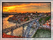 Portugalia, Miasto, Porto, Rzeka Duero, Most, Domy, Zachód słońca