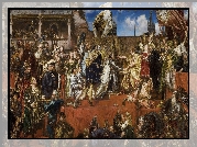 Reprodukcja obrazu, Jan Matejko, Hołd pruski 1525, Król, Zygmunt I Stary, Książę, Albrecht Hohenzollern, Kraków