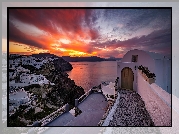 Zachód słońca, Morze, Domy, Santorini, Grecja