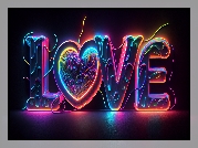 Miłość, Neon, Napis, Love, Czarne, Tło, Grafika