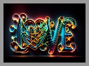 Miłość, Neon, Napis, Love, Czarne, Tło, 2D