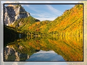 Jesień, Zalesione, Góry, Skały, Jezioro, Langbathseen, Austria