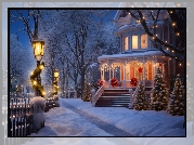 Zima, Dom, Choinki Światła, Latarnie, Święta, Boże Narodzenie, Grafika