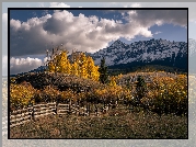 Jesień, Pożółkłe, Drzewa, Ogrodzenie, Góry, San Juan Mountains, Chmury, Kolorado, Stany Zjednoczone