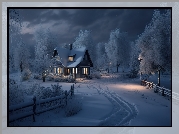 Zima, Dom, Drzewa, Śnieg