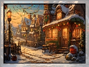 Zima, Boże Narodzenie, Ulica, Oświetlenie, Domy, 2D
