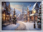 Zima, Boże Narodzenie, Ulica, Domy, Choinki