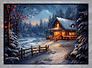 Zima, Las, Drzewa, Dom, Ogrodzenie, Śnieg, Światła, 2D