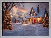 Zima, Śnieg, Droga, Domy, Światła, Ośnieżone, Drzewa, Wieczór, Choinki, Boże Narodzenie