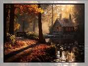 Jesień, Drzewa, Liście, Dom, Mgła, Ścieżka, Most, Staw, Słoneczny blask
