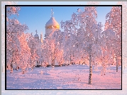 Białogórski Monaster św Mikołaja, Cerkiew, Zima, Śnieg, Ośnieżone, Drzewa, Biała Góra, Obwód permski, Rosja