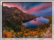 Jezioro, Tahoe Lake, Wyspa Fannette, Góry, Park Emerald Bay, Lasy, Drzewa, Chmury, Kalifornia, Stany Zjednoczone