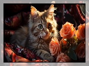 Puszysty, Kot, Kwiaty, Pomarańczowe, Róże