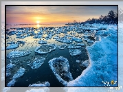 Stany Zjednoczone, Michigan, Point Aux Barques, Jezioro, Lake Huron, Zima, Kry, Lodowe, Wschód słońca