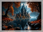 Grafika, Zamek, Jesień, Drzewa, Rzeka, Skały