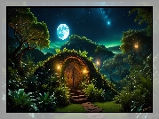 Grafika, Dom, Hobbita, Księżyc, Drzewa, Światło