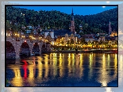 Niemcy, Heidelberg, Most, Rzeka Neckar, Domy, Kościół, Światło, Noc, Odbicie
