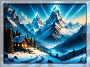 Zima, Góry, Dom, Drzewa, Grafika