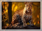 Jaguar, Siedzący, Spojrzenie, Liście