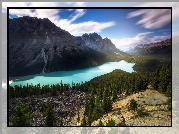 Park Narodowy Banff, Jezioro, Peyto Lake, Góry, Lasy, Chmury, Prowincja Alberta, Kanada