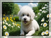 Pies, Szczeniak, Biały, Kwiaty, Łąka