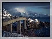 Most, Góry, Lofoty, Norwegia, Zima