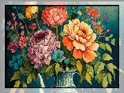Obraz, Malarstwo, Bukiet kwiatów, Wazon