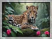 Leżący, Jaguar, Kłoda, Różowe, Kwiaty, Liście, 2D
