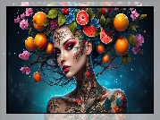 Kobieta, Tatuaż, Owoce, Różowe, Kwiaty, 2D