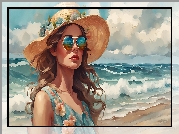 Grafika, Morze, Kobieta, Kapelusz, Okulary, Kwiaty