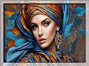 Kobieta, Turban, Materiał, Kolczyk, Grafika