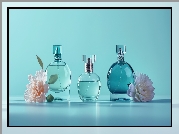 Perfumy, Flakon, Kwiaty, Niebieskie, Tło