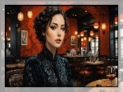 Dziewczyna, Czarna, Sukienka, Restauracja, Grafika