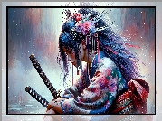 Kobieta, Samurajka, Miecze, Kimono, Grafika