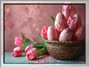 Wielkanoc, Różowe, Pisanki, Różowe, Tulipany, Misa