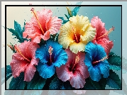 Kwiaty, Hibiskusy, Różowe, Niebieskie, Żółty, Liście, Krople, Grafika