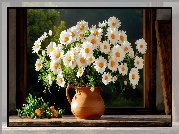 Kwiaty, Margerytki, Dzbanek, Parapet, Okno