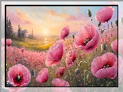Różowe, Maki, Łąka, Grafika