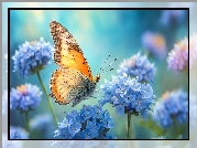 Motyl, Owad, Niebieskie, Kwiaty, Grafika