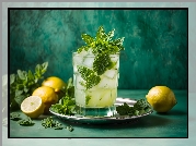 Koktajl alkoholowy, Mojito, Szklanka, Mięta, Kostki, Lodu, Taca, Cytryny, Zielone, Tło Alkohole