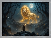 Fantasy, Lew, Dziecko, Księżyc