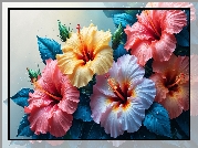 Kwiaty, Kolorowe, Hibiskusy, Krople, Zbliżenie